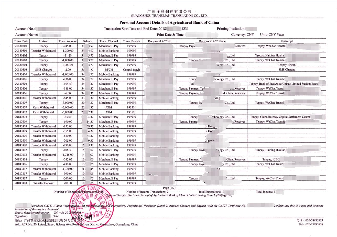 橫版銀行流水翻譯成英文圖片模板 橫版銀行流水翻譯成英文圖片模板